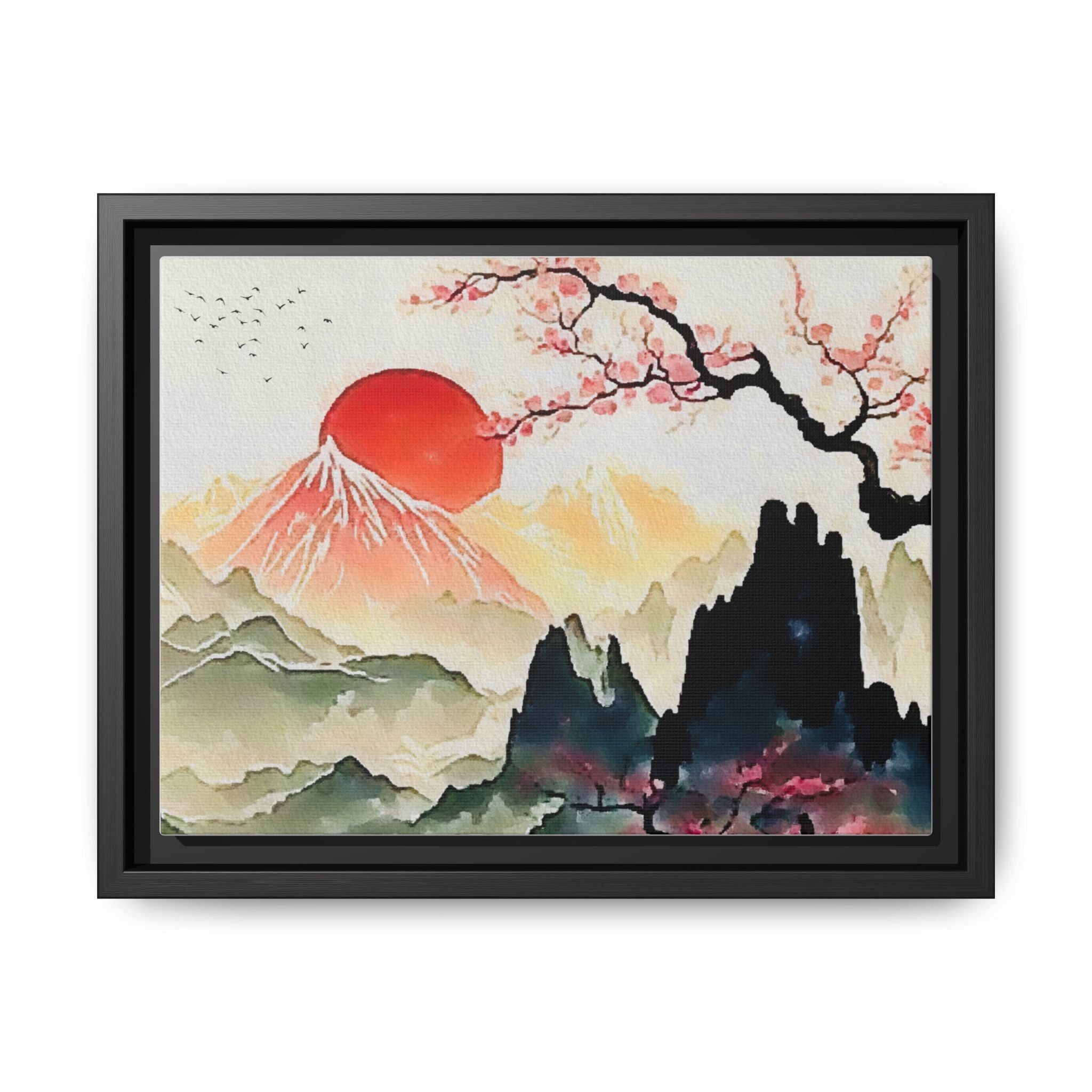 Framed Matte Canvas - Japanese Sunrise Landscape with Cherry Blossoms