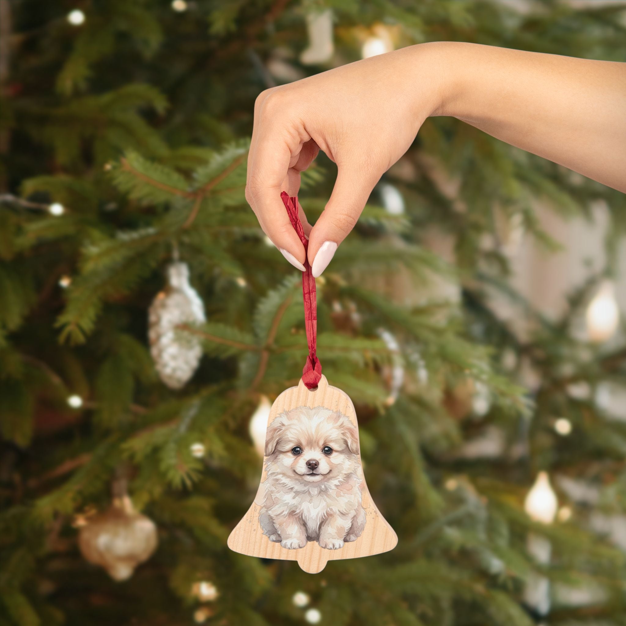 Bell Wooden Ornament — Cute Fluffy Puppy Christmas Tree Decoration
