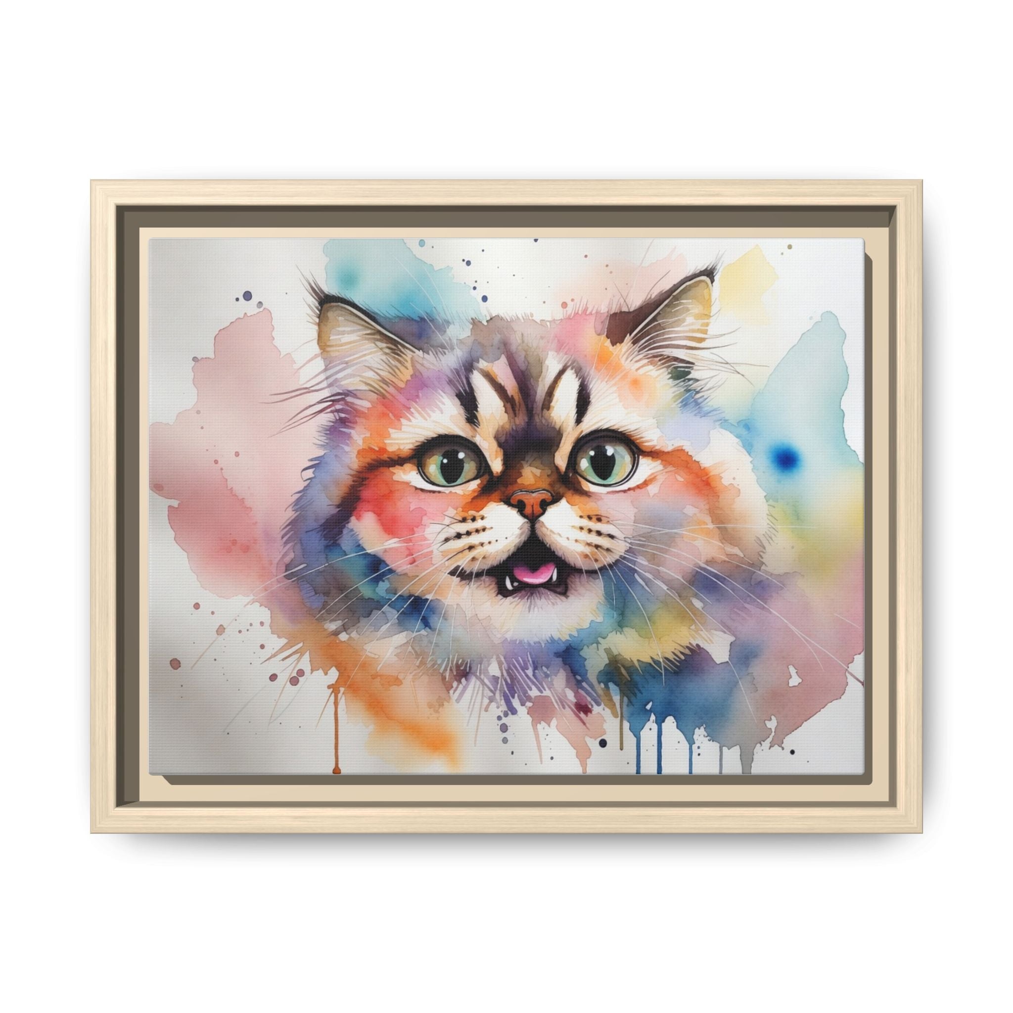 Colorful Watercolor Cat Portrait Framed Canvas