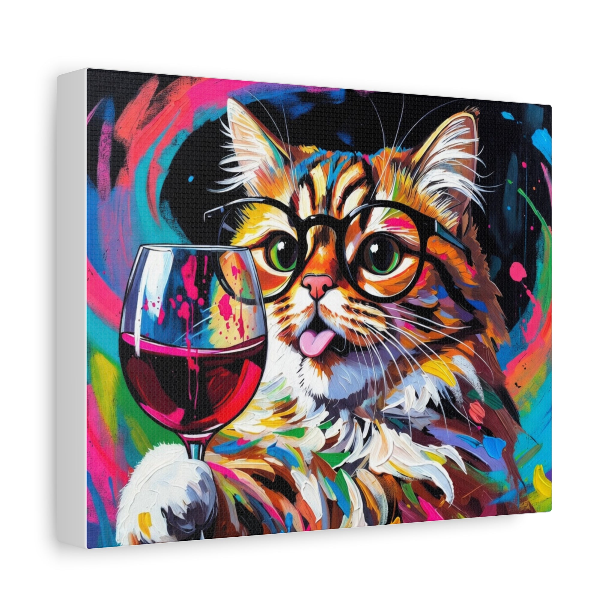 Colorful Cat with Wine Matte Canvas Wall Art