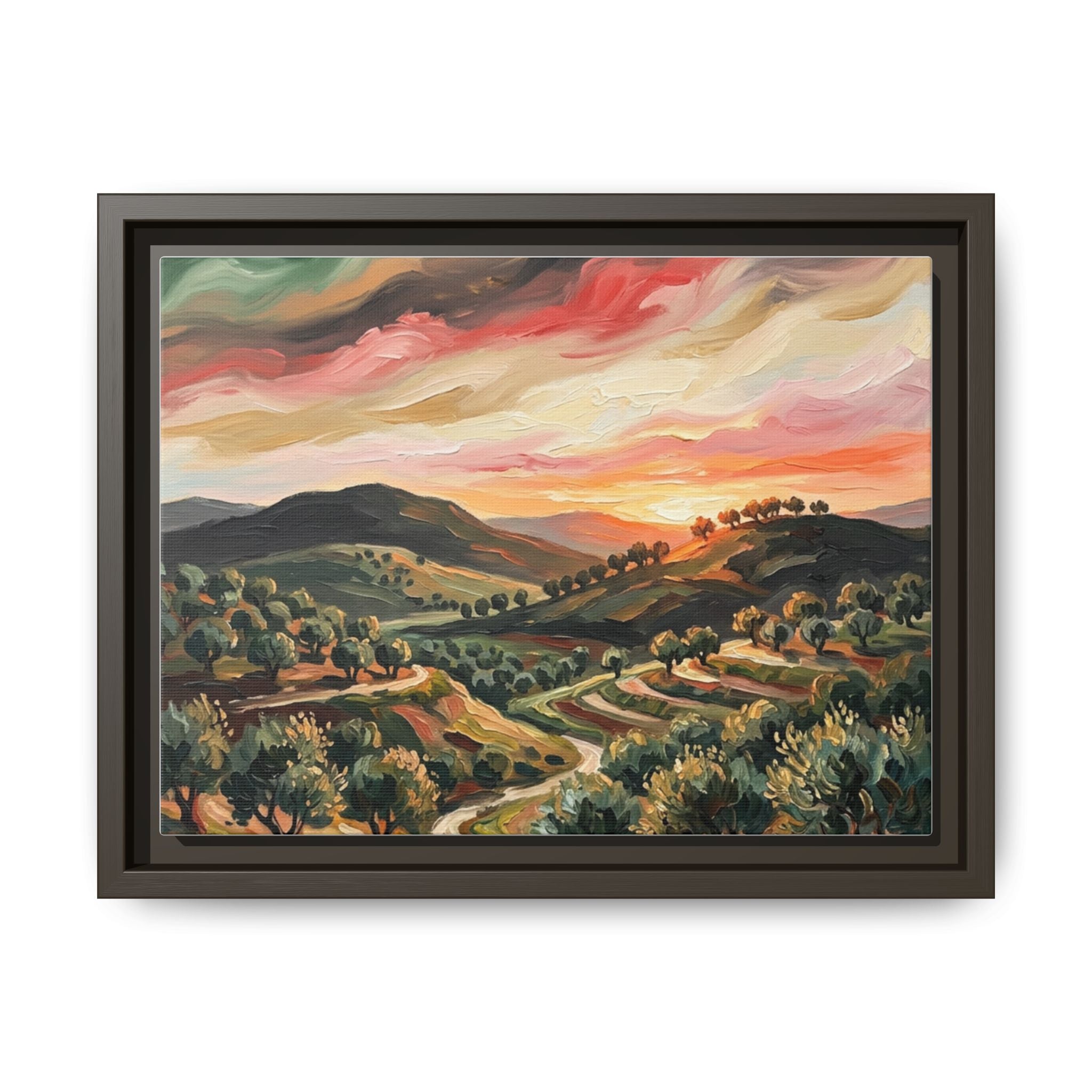 Framed Matte Canvas Art - Colorful Sunset Hills Landscape