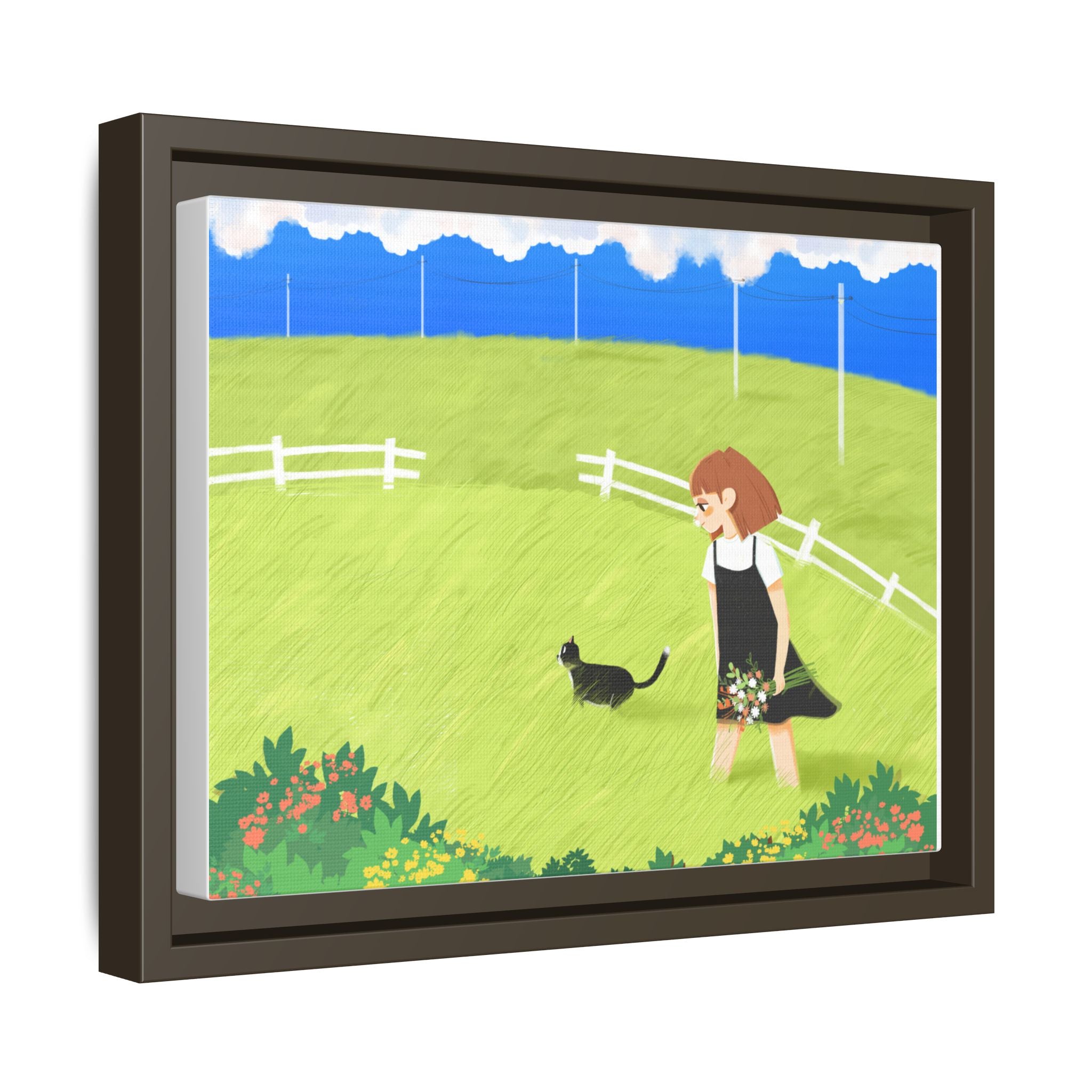 Framed Matte Canvas Print - Girl Walking with Black Cat in Sunny Meadow