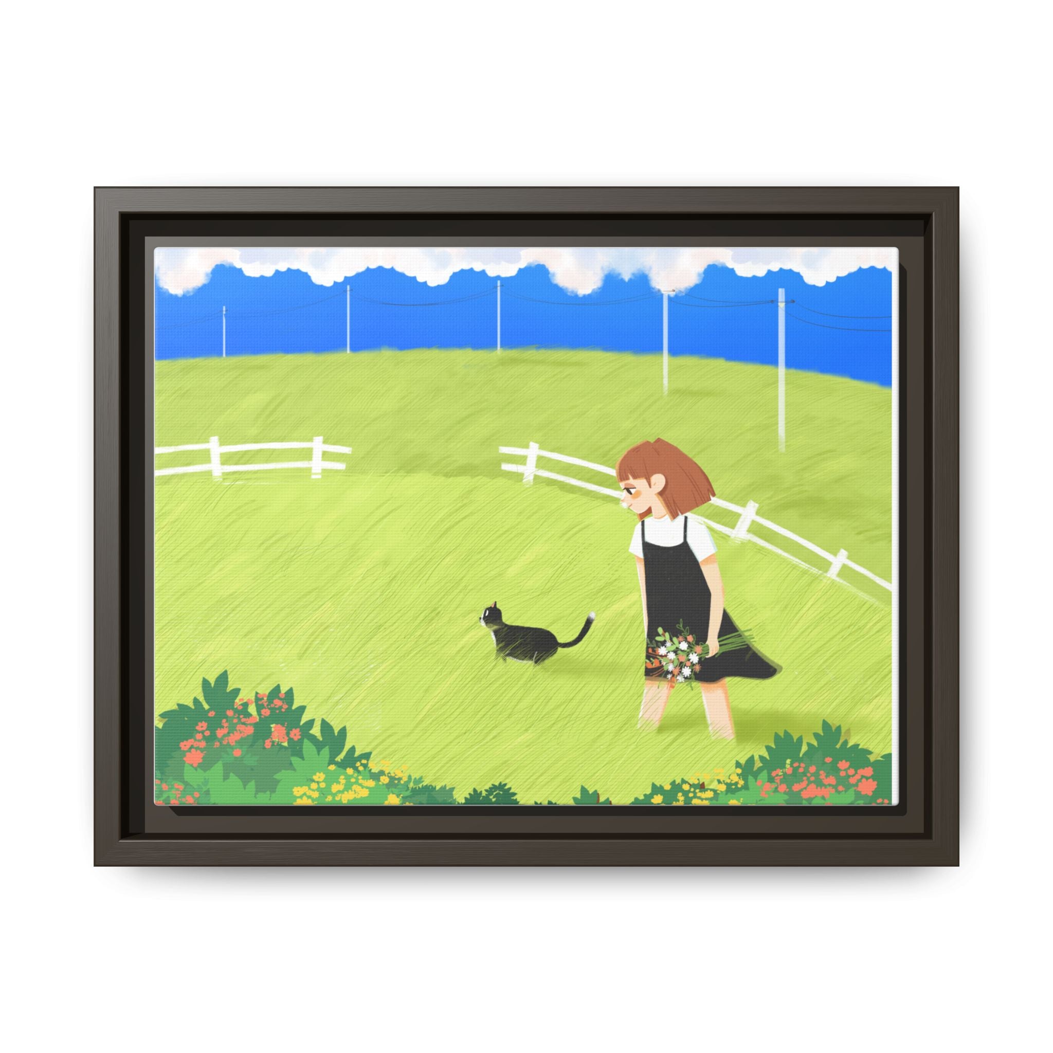 Framed Matte Canvas Print - Girl Walking with Black Cat in Sunny Meadow