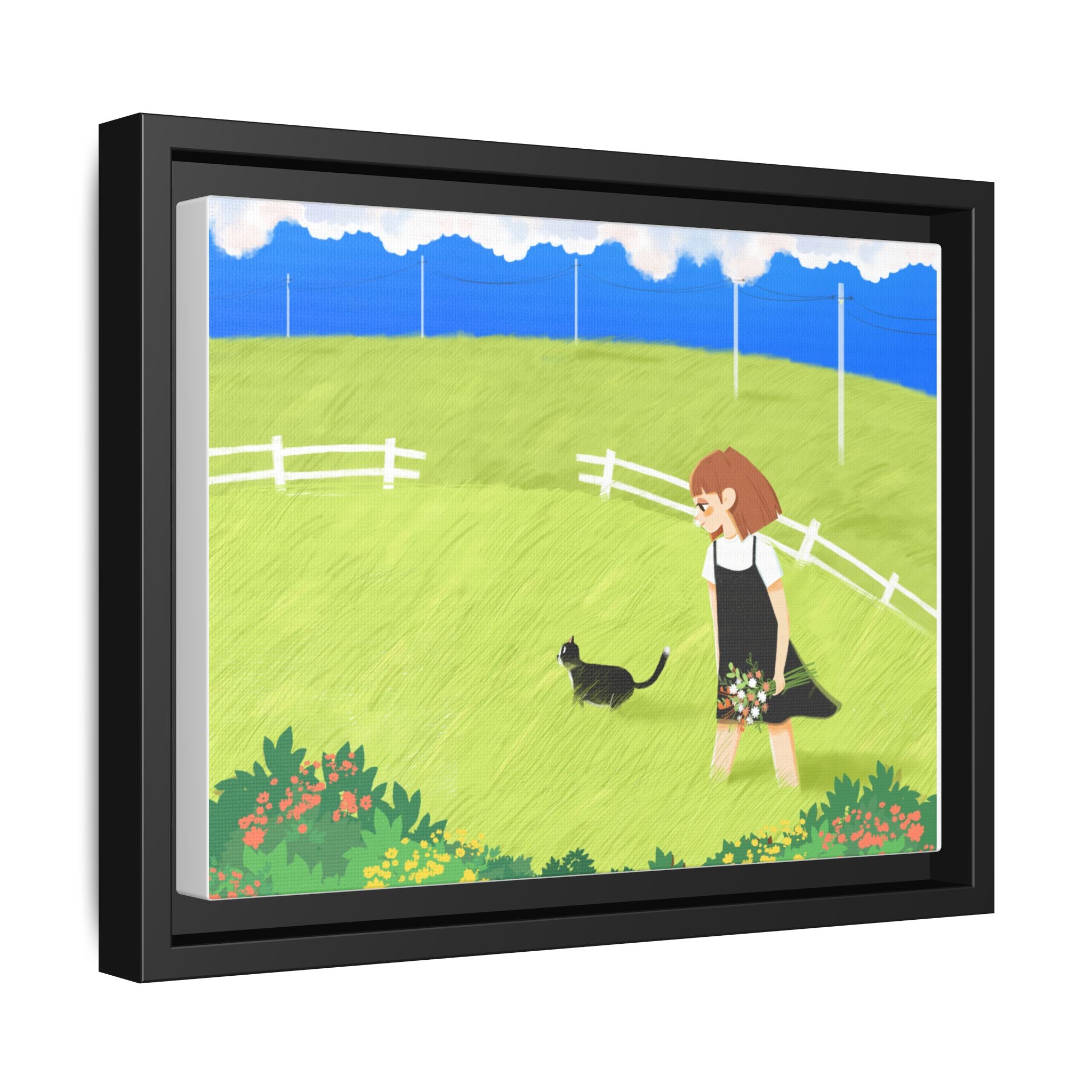 Framed Matte Canvas Print - Girl Walking with Black Cat in Sunny Meadow