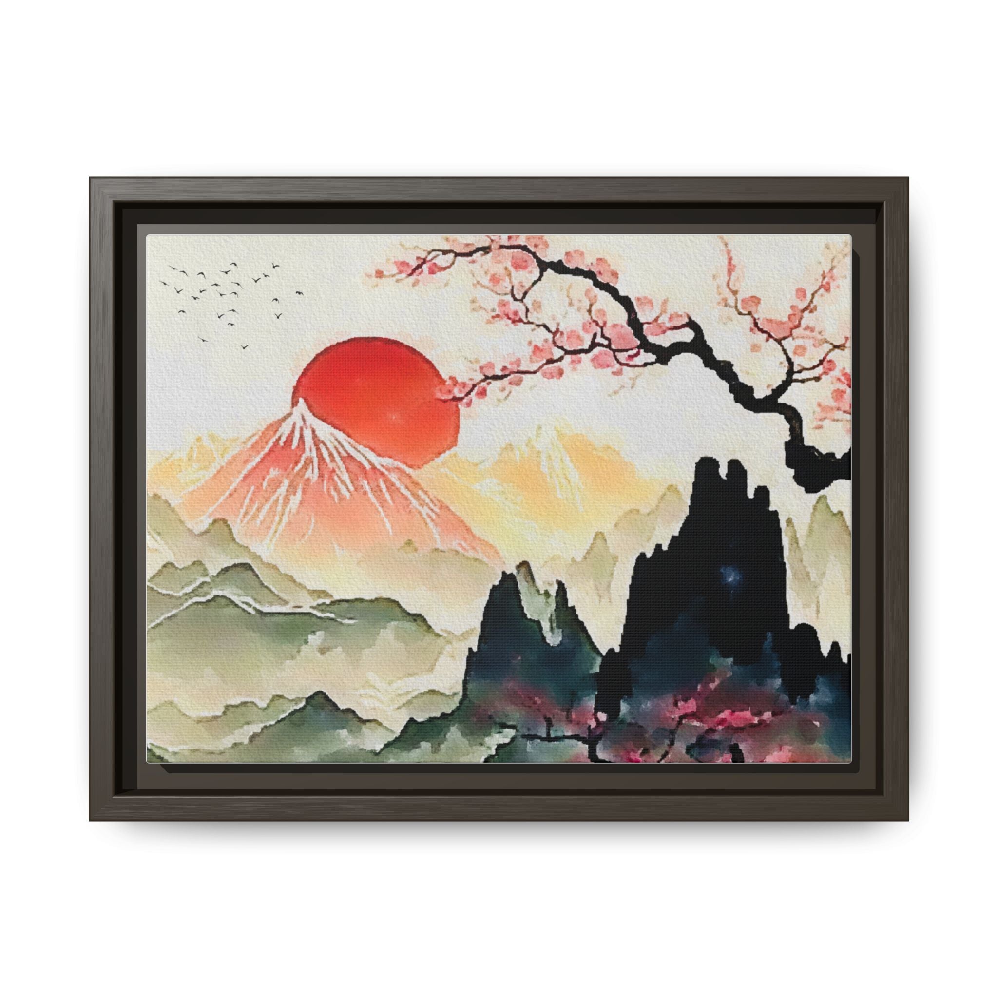 Framed Matte Canvas - Japanese Sunrise Landscape with Cherry Blossoms