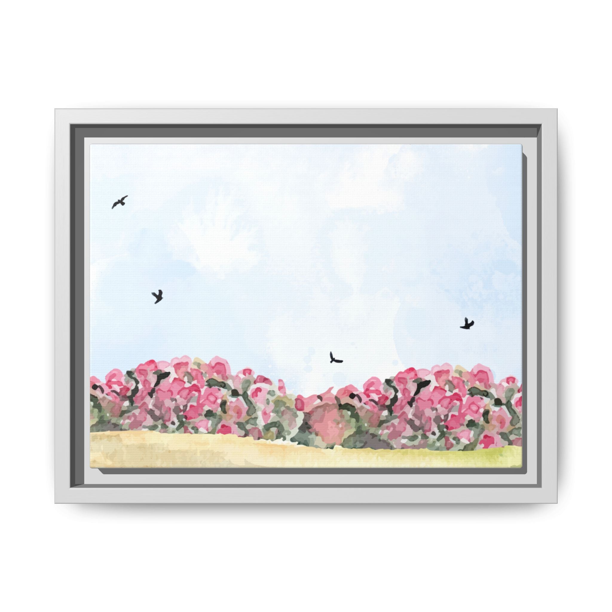 Framed Floral Canvas Art – Pink Bloom Landscape with Birds