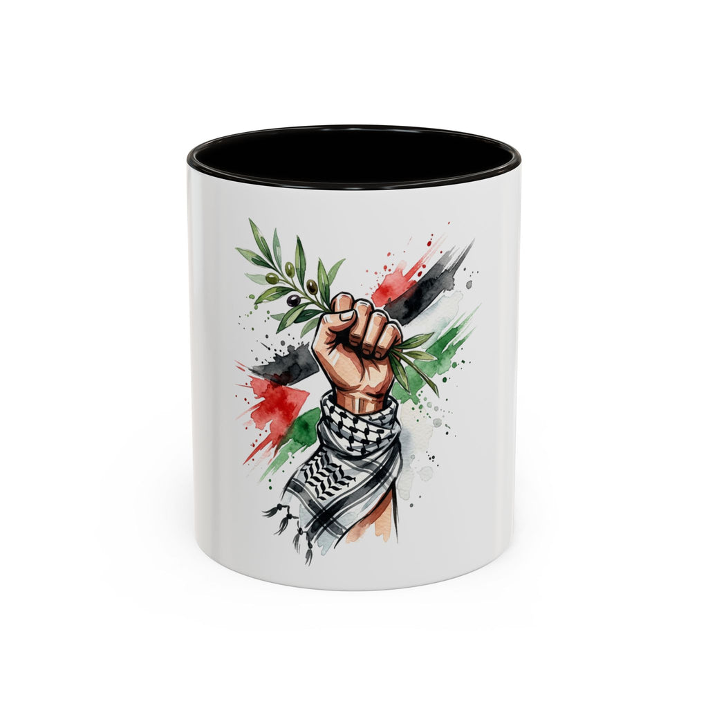 Free Palestine Protest Fist Mug — Olive Branch & Keffiyeh 11oz/15oz