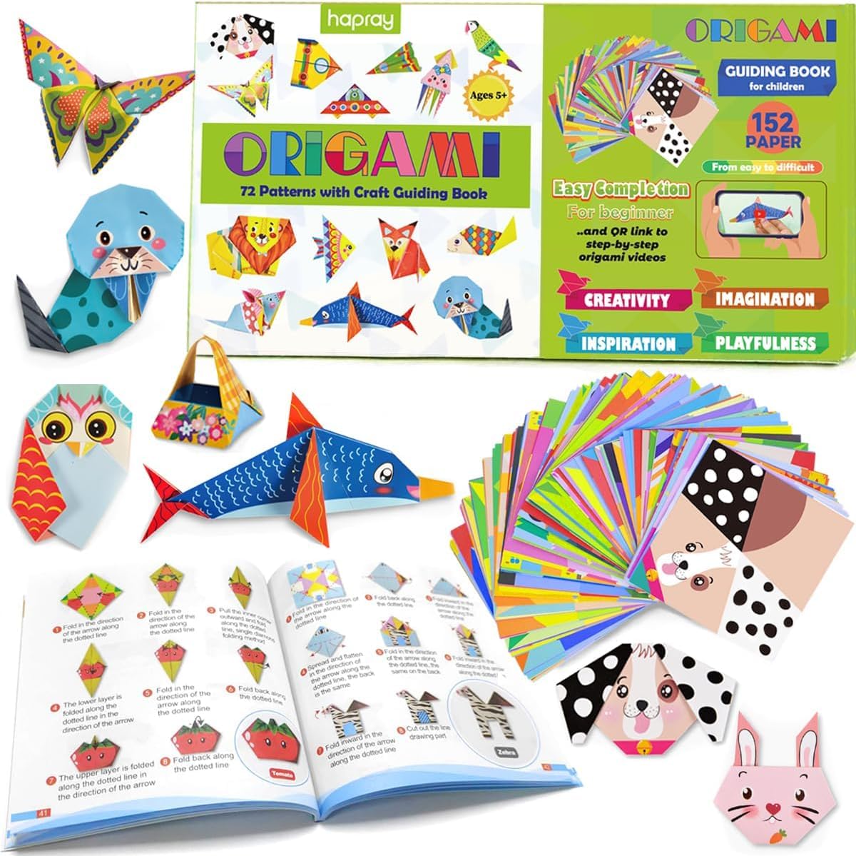 hapray Origami Kit for Kids Ages 6-12 10 Year Olds, with Guiding Book, 152 Paper with 72 Patterns, DIY Art and Craft Projects Activity, Beginners