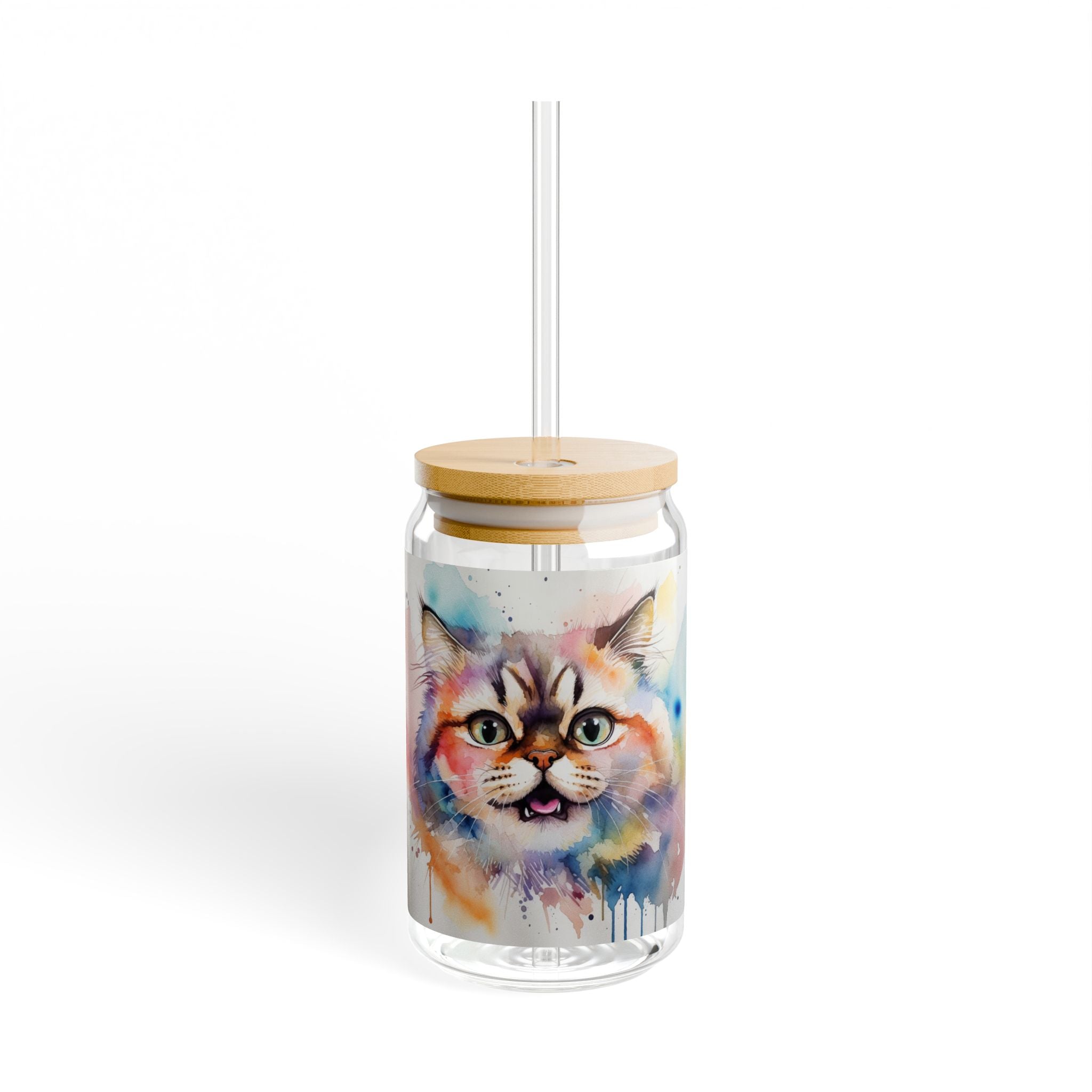 Cat Watercolor Sipper Glass, 16oz – Colorful Kitty Canister with Straw