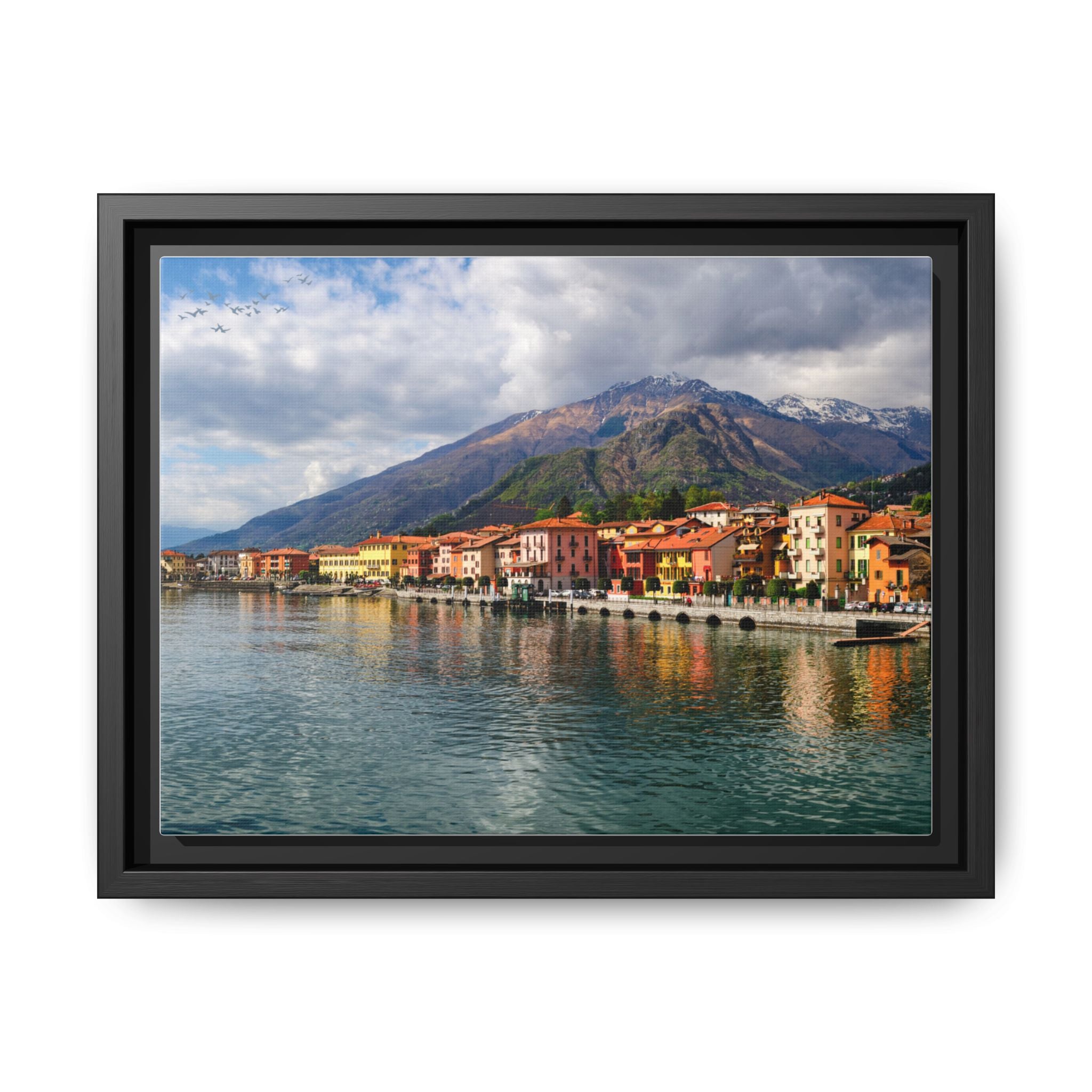 Lakefront Village Matte Canvas Framed Wall Art — Italian Coastline Landscape