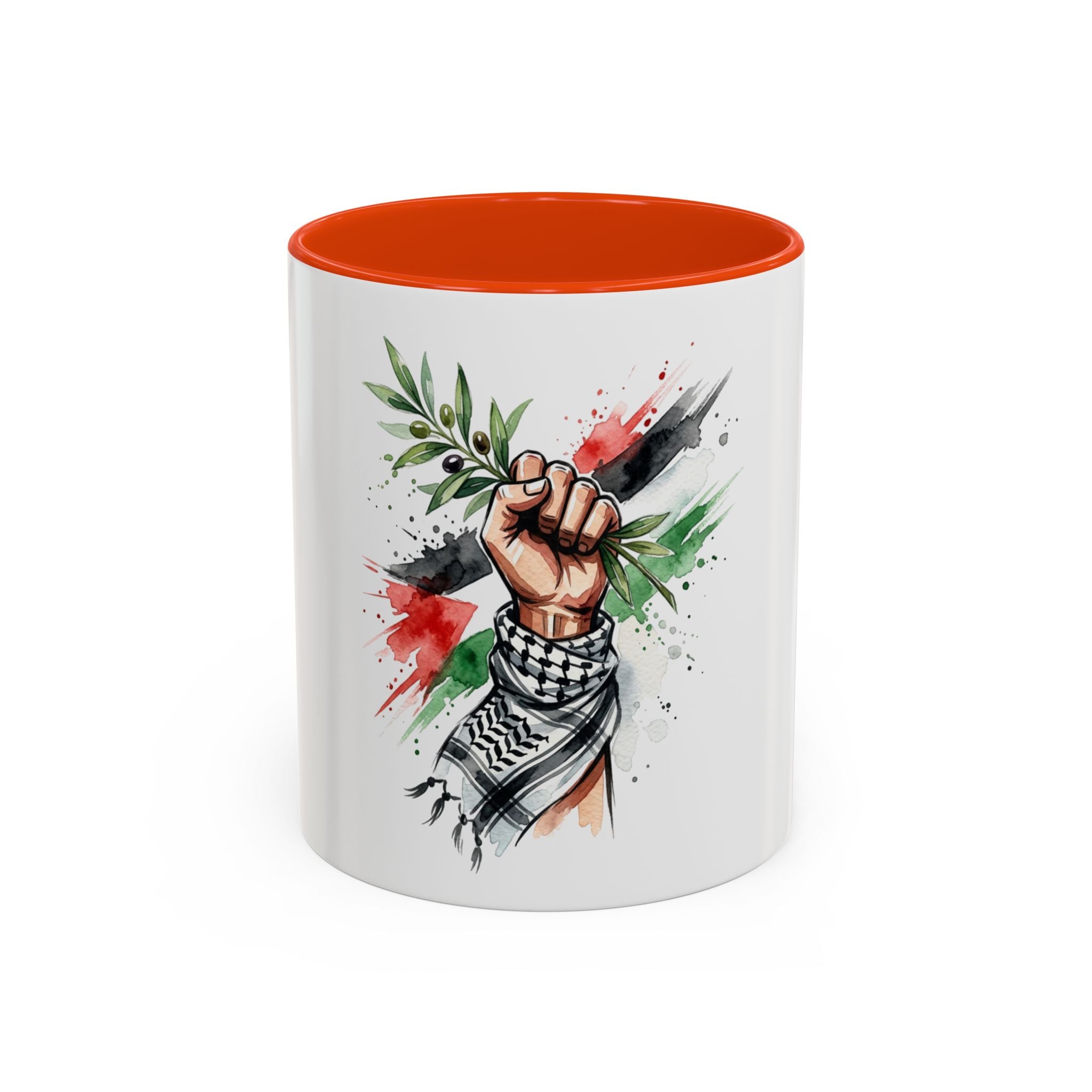 Free Palestine Protest Fist Mug — Olive Branch & Keffiyeh 11oz/15oz