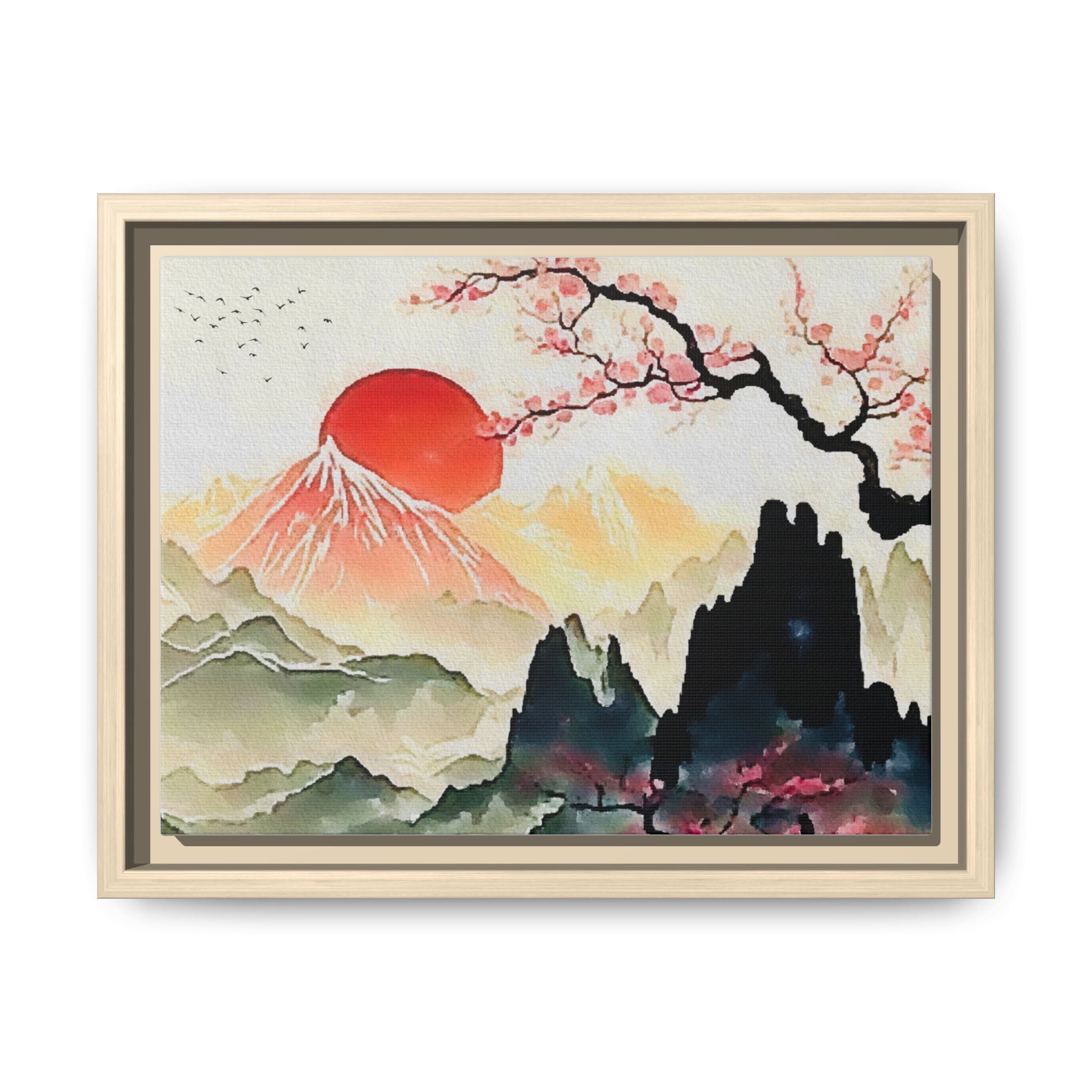 Framed Matte Canvas - Japanese Sunrise Landscape with Cherry Blossoms
