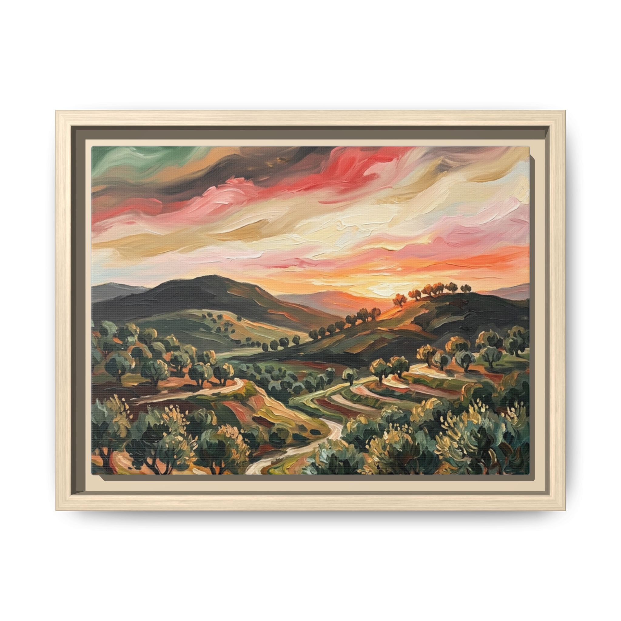 Framed Matte Canvas Art - Colorful Sunset Hills Landscape