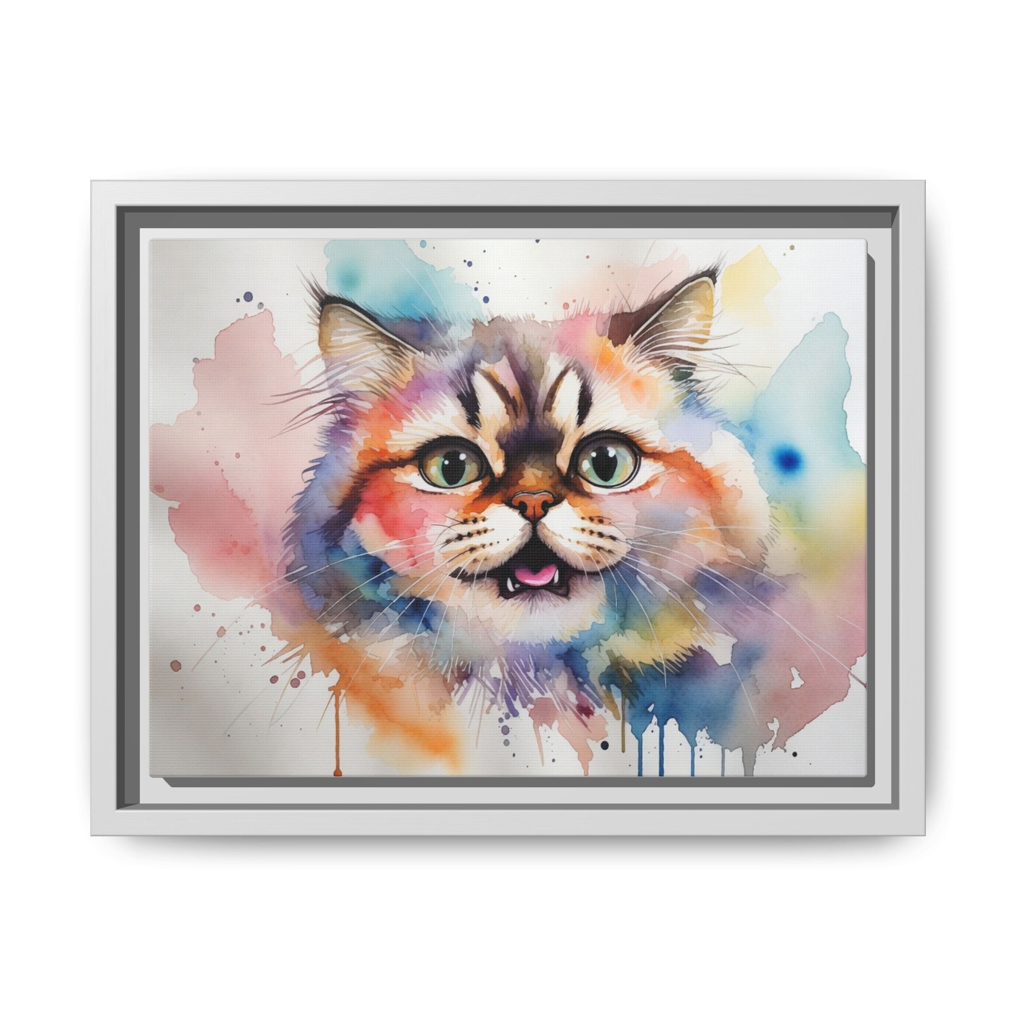 Colorful Watercolor Cat Portrait Framed Canvas