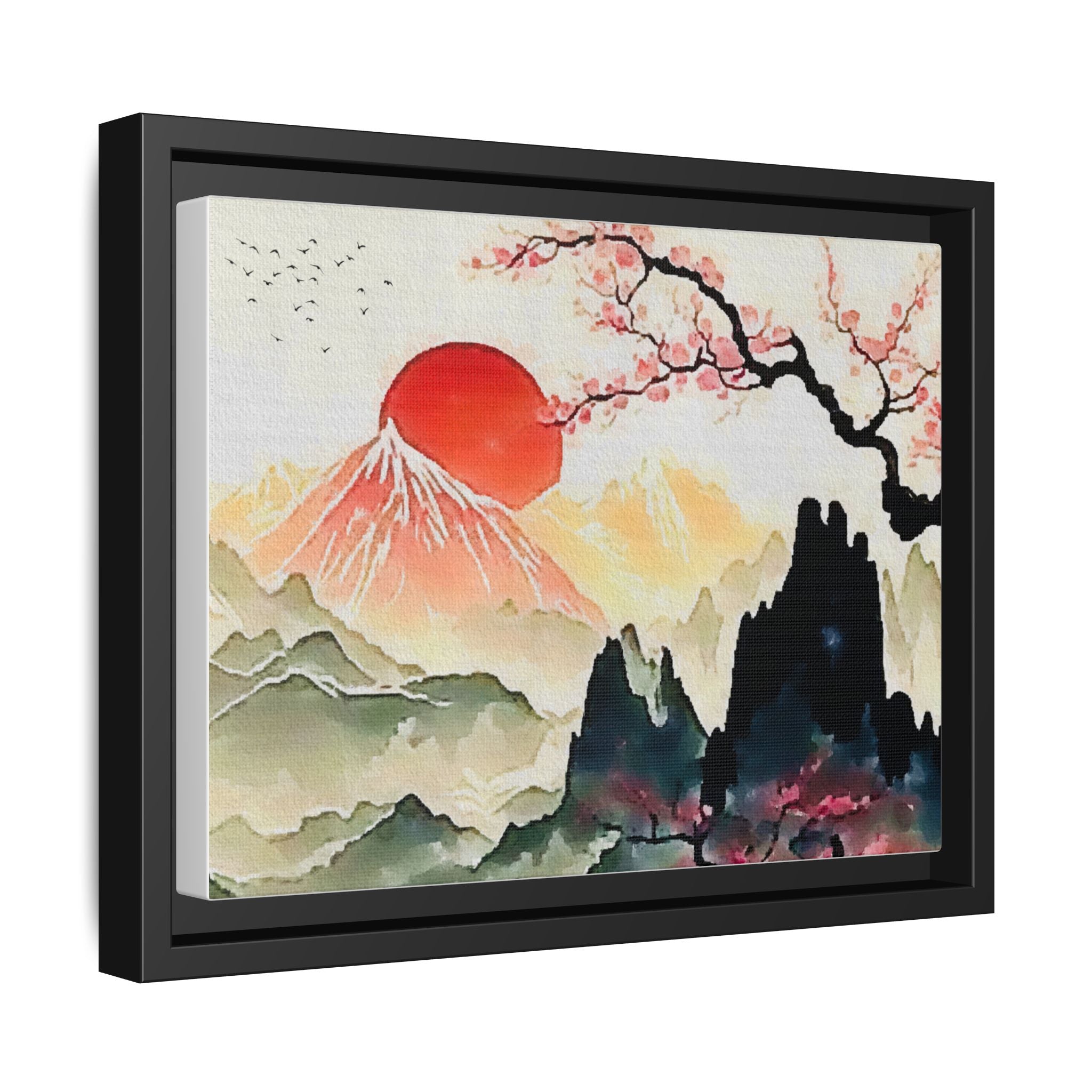 Framed Matte Canvas - Japanese Sunrise Landscape with Cherry Blossoms