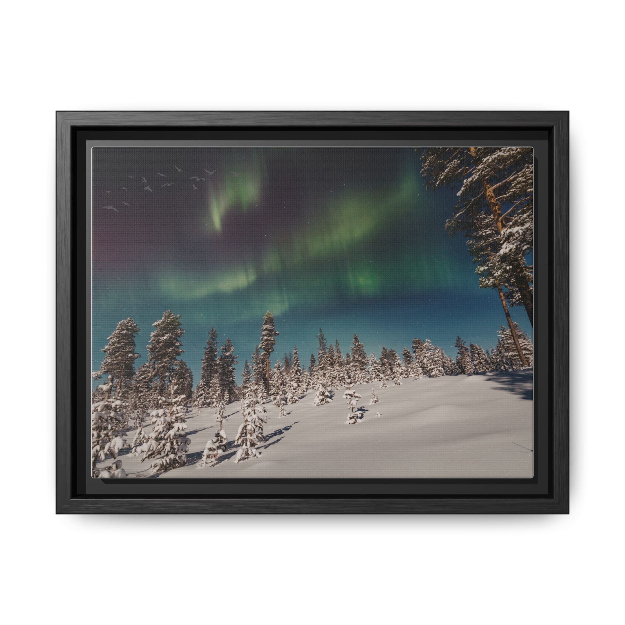 Framed Matte Canvas Print — Northern Lights Aurora Over Snowy Forest