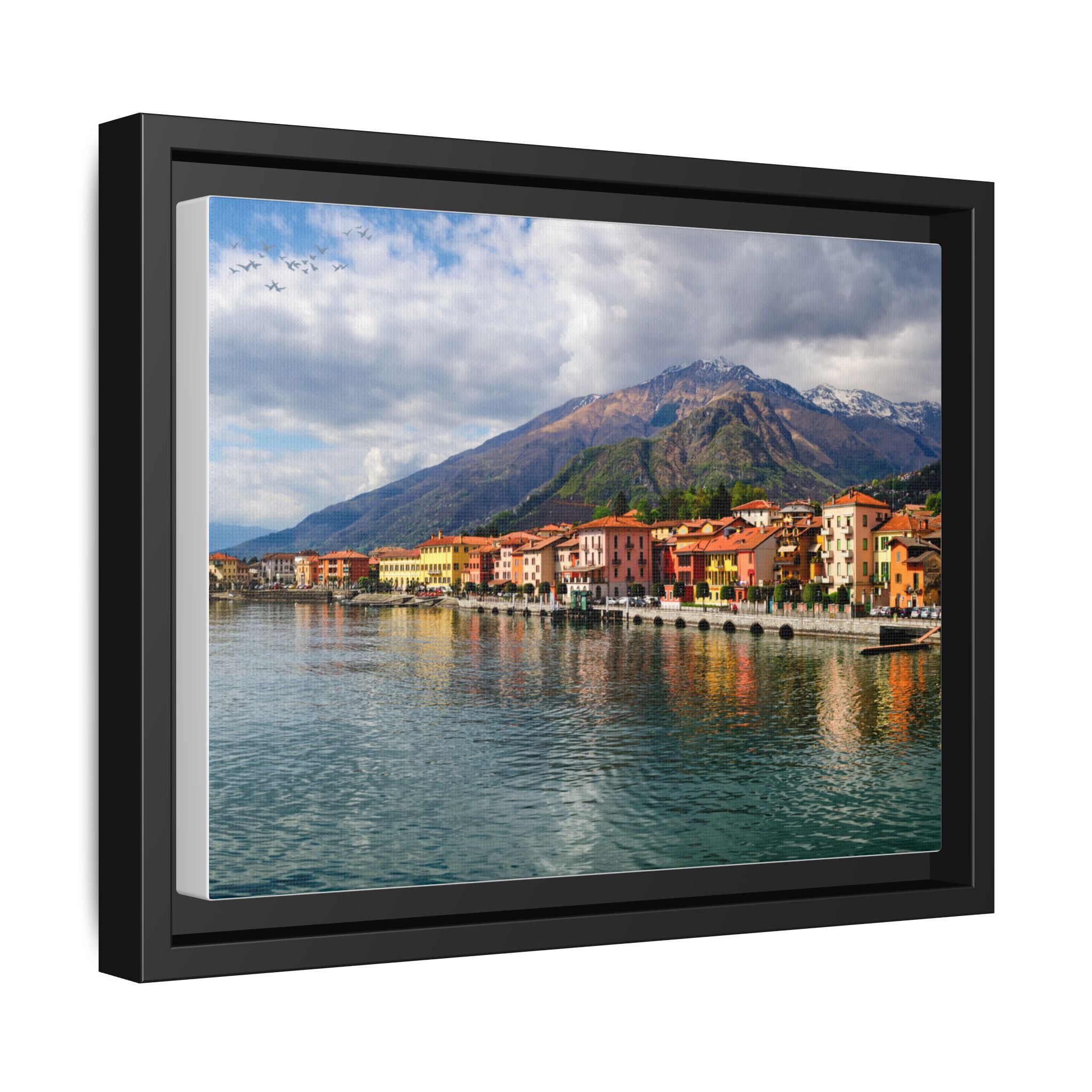 Lakefront Village Matte Canvas Framed Wall Art — Italian Coastline Landscape