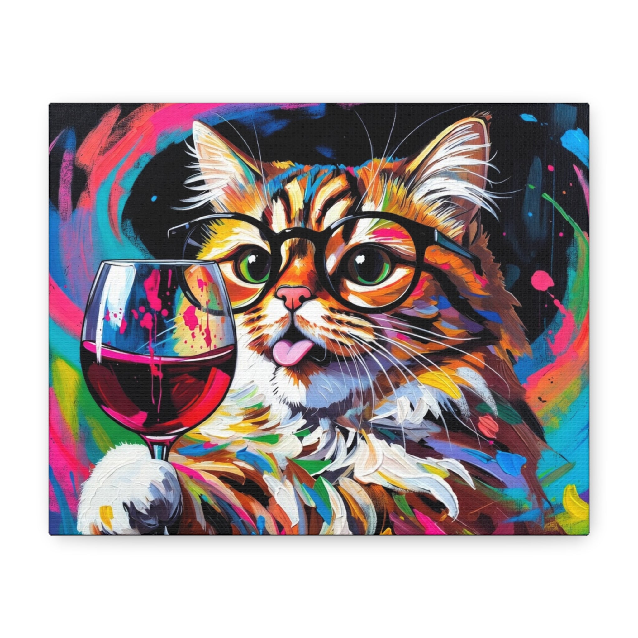 Colorful Cat with Wine Matte Canvas Wall Art