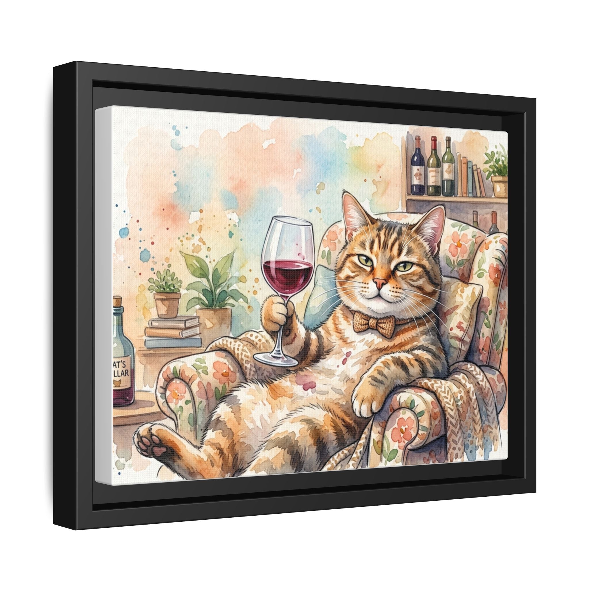 Framed Canvas Art — Relaxed Cat with Wine Watercolor Print