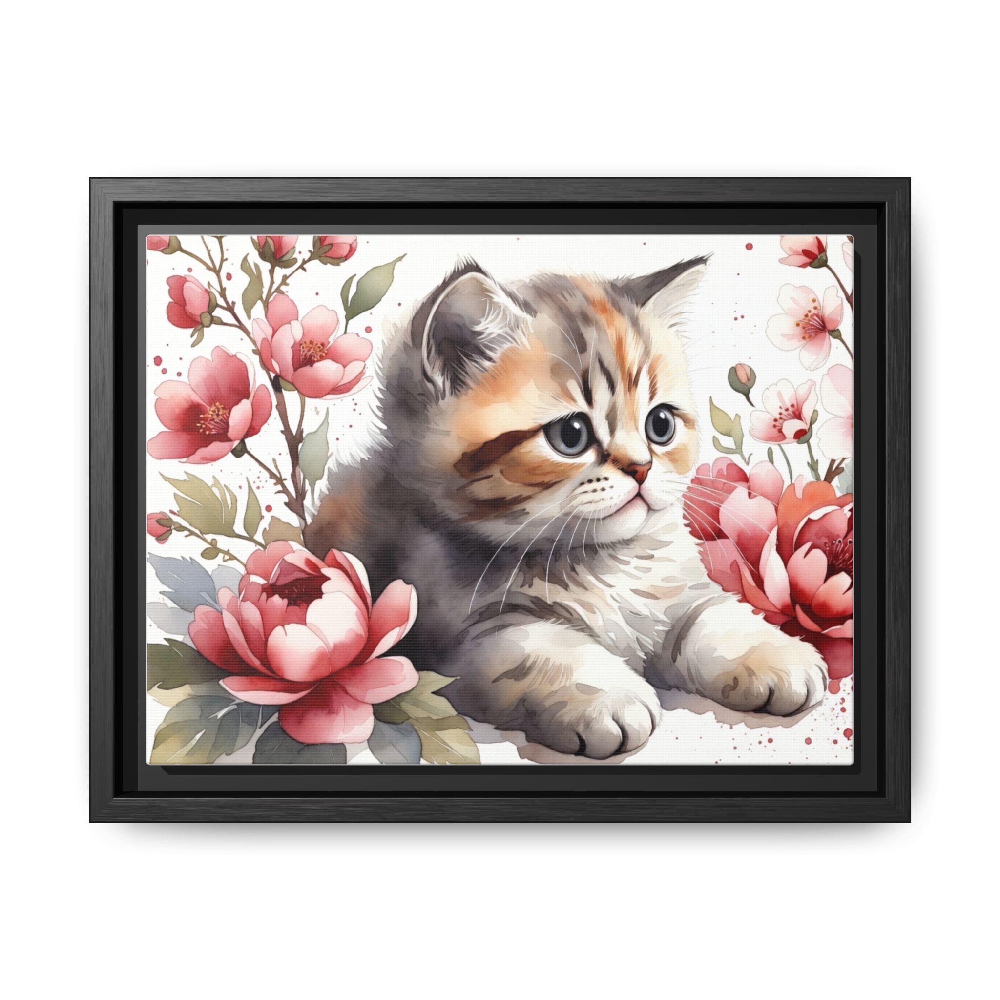 Framed Matte Canvas: Floral Kitten Wall Art
