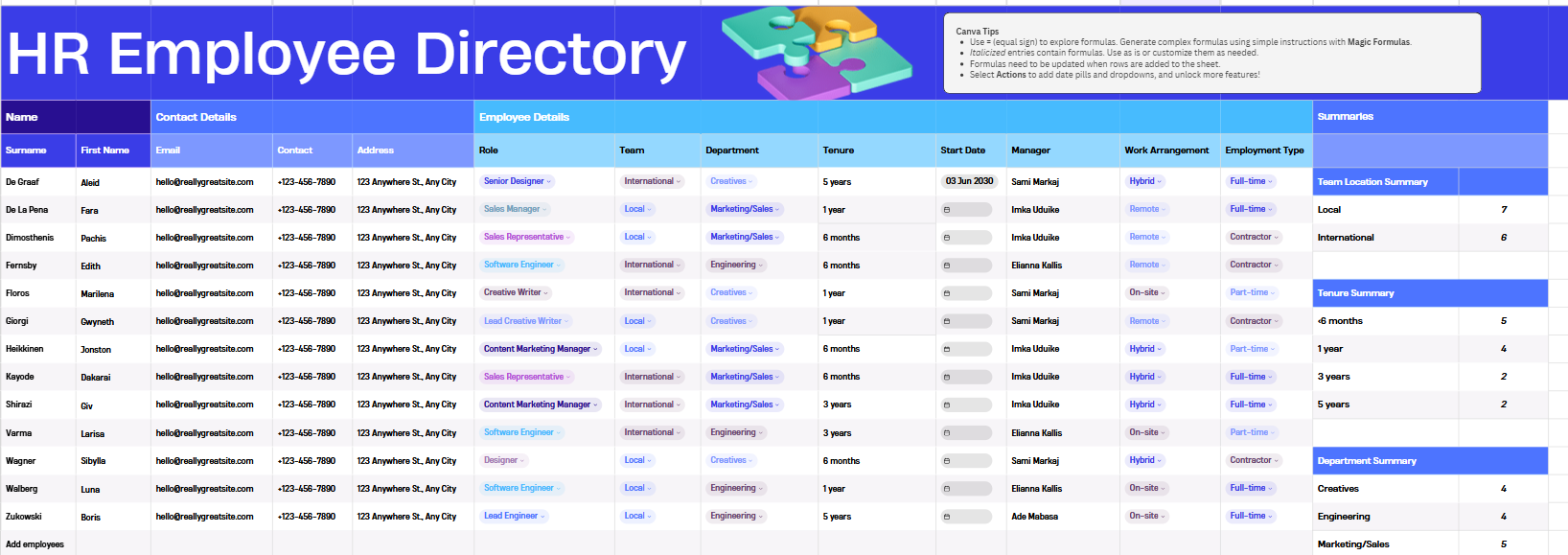 HR Employee Directory Canva Template – Staff Database & Team Tracker Digital Download