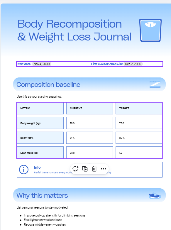 Body Recomposition & Weight Loss Journal Canva Template – Fitness Tracker Digital Download